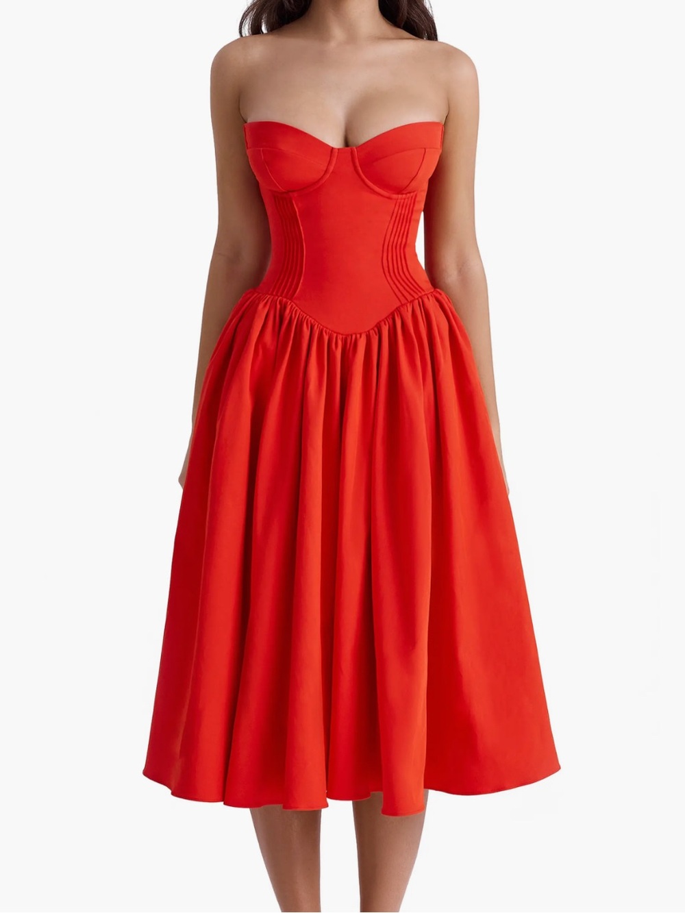 House of CB Red Elizabeth Strapless Midi Dress with Corset Bodice